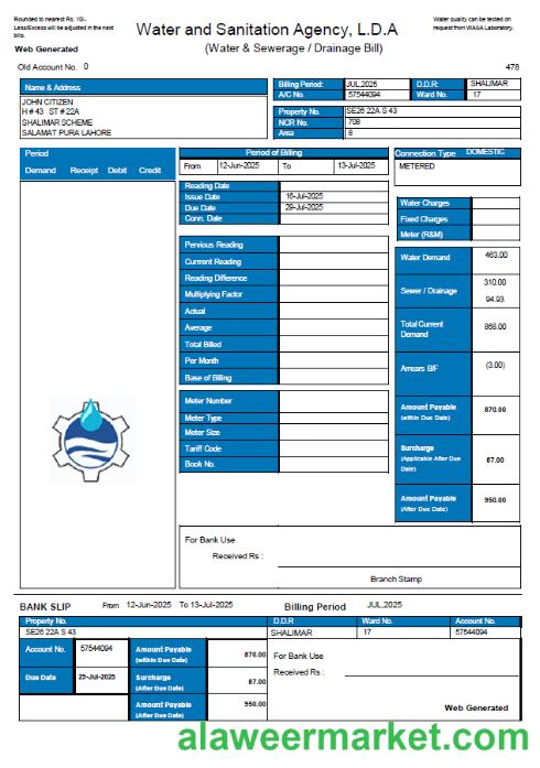 Pakistan Water and Sanitation Agency (LDA) utility bill template in Word and PDF formats